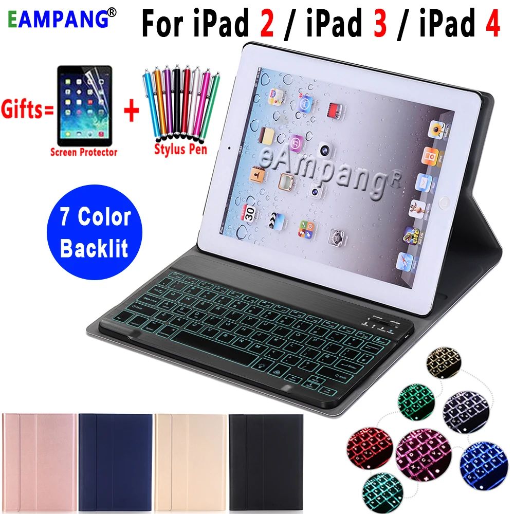 Case de Teclado Bluetooth para Ipad Capa de Couro Funda + Caneta + Filme Case de Teclado para Ipad2 Retroiluminado 4 para Ipad2 Ipad3 Ipad4 Case 7 Cor 2 3