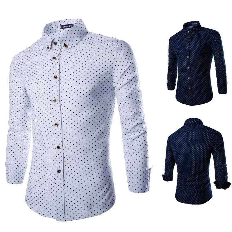 2019 Новая модная брендовая мужская одежда Slim Fit Мужская рубашка с длинным рукавом мужская рубашка в горошек повседневная мужская рубашка