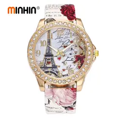 MINHIN Boho Кожаный ремешок наручные часы Эйфелева башня Дизайн Для женщин кварцевые часы со стразами золотые часы моды Смарт-часы