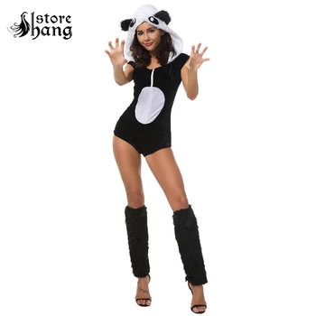 

Fluffy Panda Costume Sexy Women Hooded Leotard Animal Costume Fancy Dress Furry Costume with Leg Warmers Carnival Adult Costumes