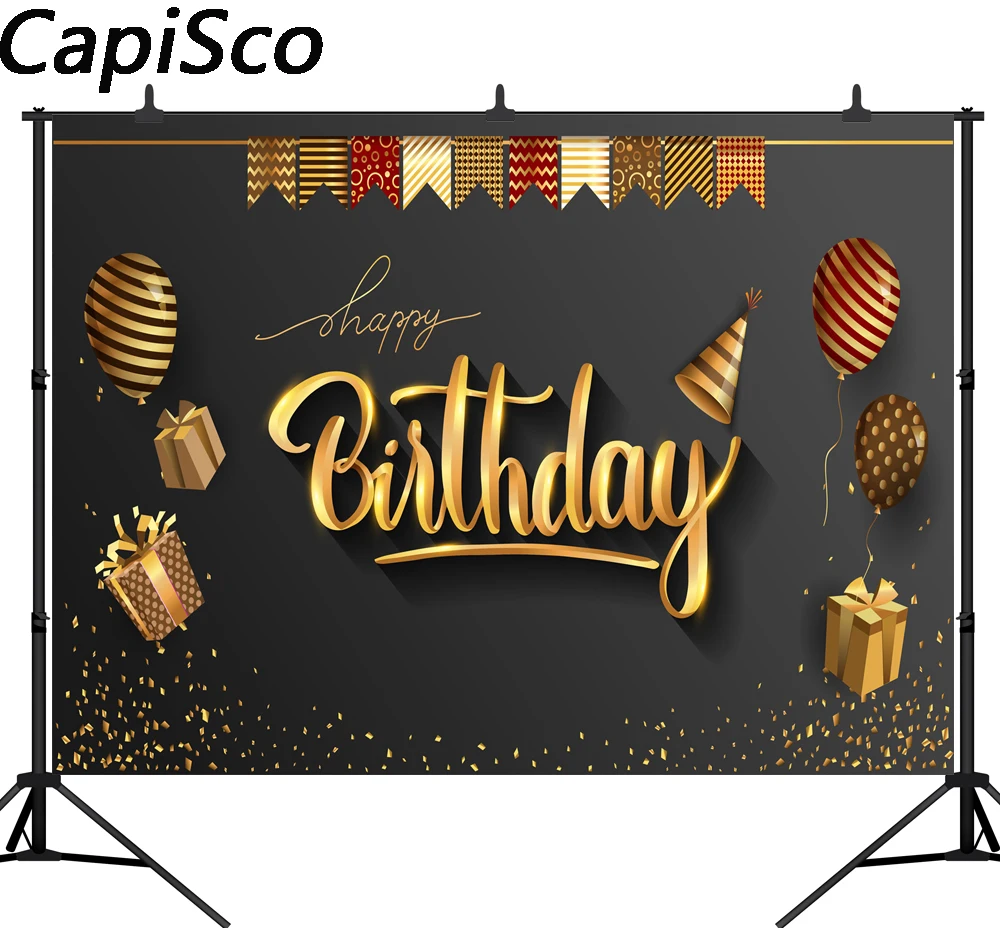 

Capisco vinyl Photography background Happy birthday golden Balloons flag gift Background children luxury party photo backdrop