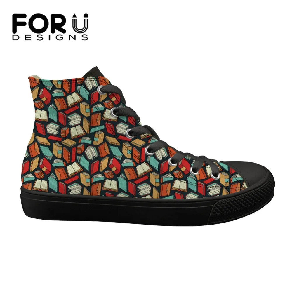 

FORUDESIGNS Womens Vulcanize Shoes Flats Casual Sneakers Fashion High Top 3D Teacher/Book Lovers Print Ladies Lace Up Shoes 2019