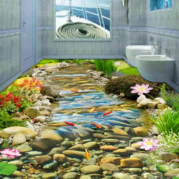 

Custom 3D Floor Tiles Wallpaper Classic Chinese Style Goldfish Lotus Photo Murals Living Room Bathroom PVC Waterproof Wall Paper