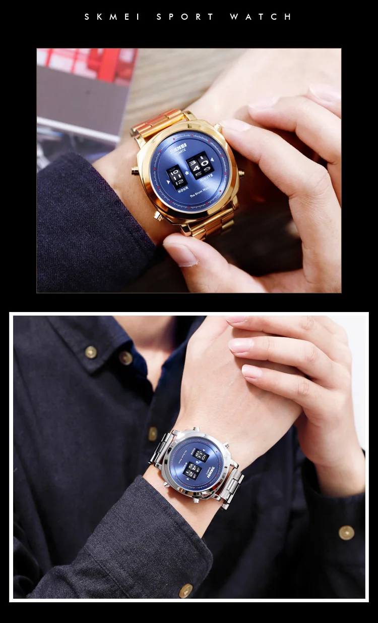 SKMEI мужские модные кварцевые часы наручные часы запатентованный дизайн из нержавеющей стали водонепроницаемые простые барабанные часы Orologio Uomo