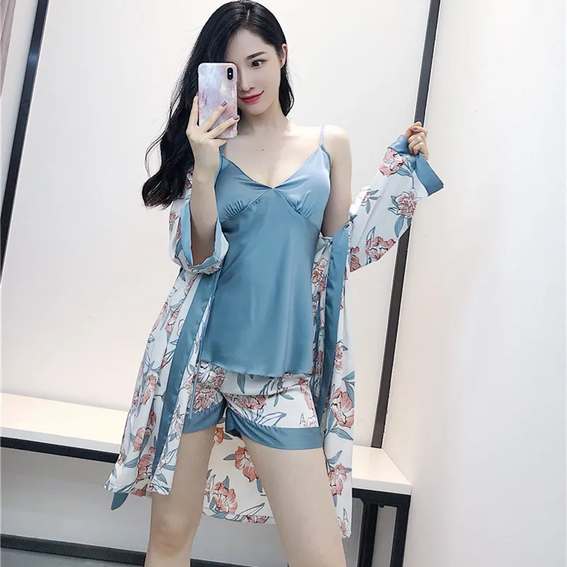 

QWEEK 2019 Fashion Print Homewear Women Summer Sexy Backless Ice Silk Sleepwear Spaghetti Strap Robe Nightwear Three-piece Women
