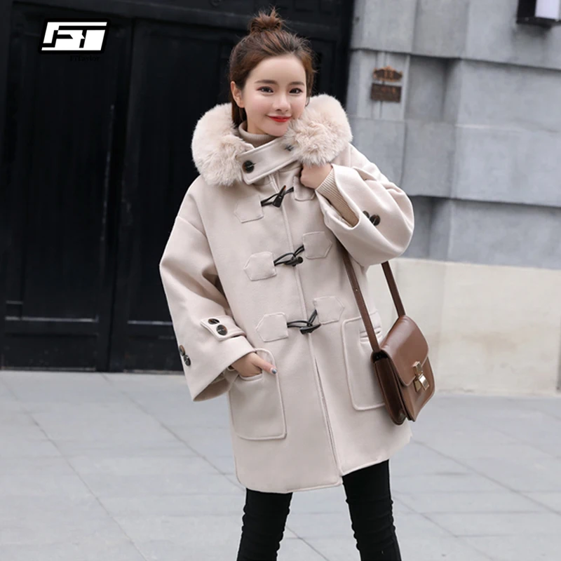 Hiver Horn Capuchon Femelle Parka Manteau De Survêtement Fourrure Laine Veste Lâche Femmes À Col Moyen orange Épaisse Chaud Bouton Beige Fitaylor Long Grand FwWTn5pxW