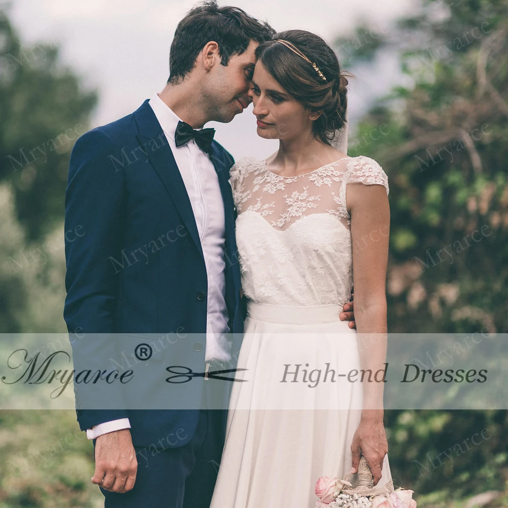 Mryarce Rustic Wedding Dress Scoop Lace Short Sleeves Chiffon A Line Open Back Bridal Gowns robe de mariee  (4)