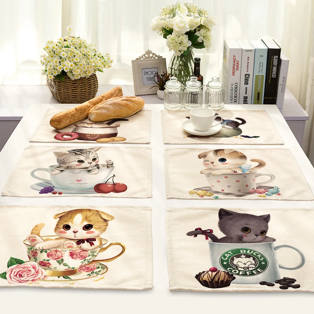 

Modern Home Decor love cat Pattern Tablemat Linen Pads for Kitchen Table New Year Christmas Placemat For Dining Table