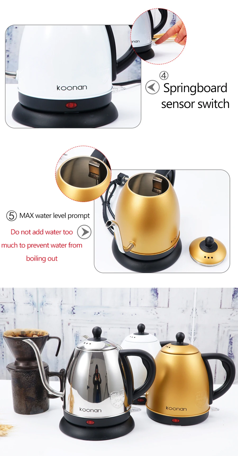 1L чайник с носиком Электрический чайник из нержавеющей стали для капельный Кофе Чай 1500 Вт Off автоматически Автоматическая воды чайник