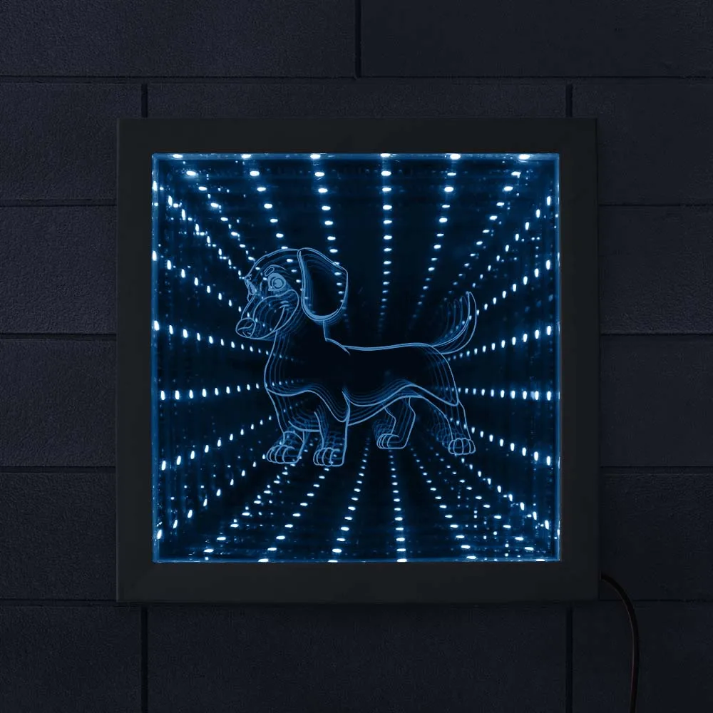 

Dachshund LED Infinity Mirror Wall Art Picture Wood Frame Sausage Dog LED Neon Light Tunnel Lamp Wiener-Dog illuminated Mirror