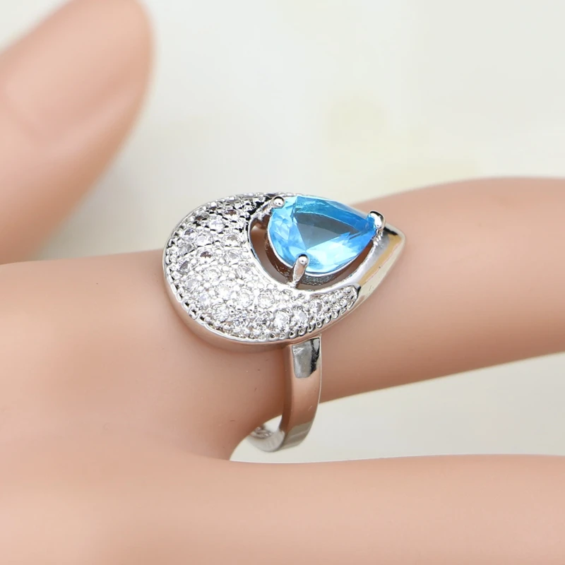 Sky Blue Cubic Zirconia 925 Silver Jewelry Sets For Women Water Drop Earrings With StonePendantNecklaceRing drop shipping (5)