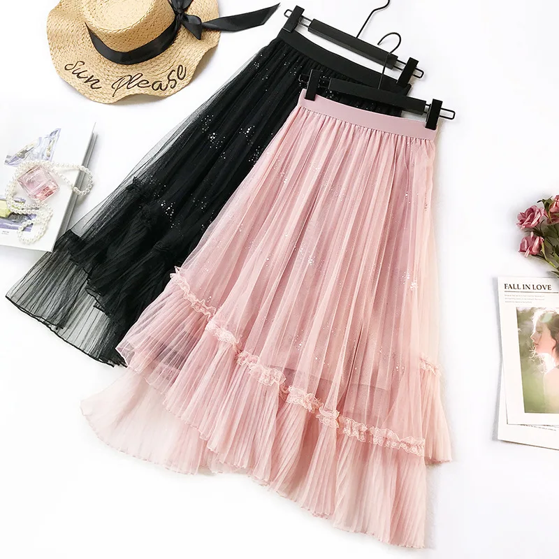 Wasteheart Spring Pink Blue Women Skirt High Waist Pleated Mesh Ankle-Length Skirt Plus Size Empire Casual A-Line Long Skirts Wasteheart Spring Pink Blue Women Skirt High Waist Pleated Mesh Ankle-Length Skirt Plus Size Empire Casual A-Line Long Skirts