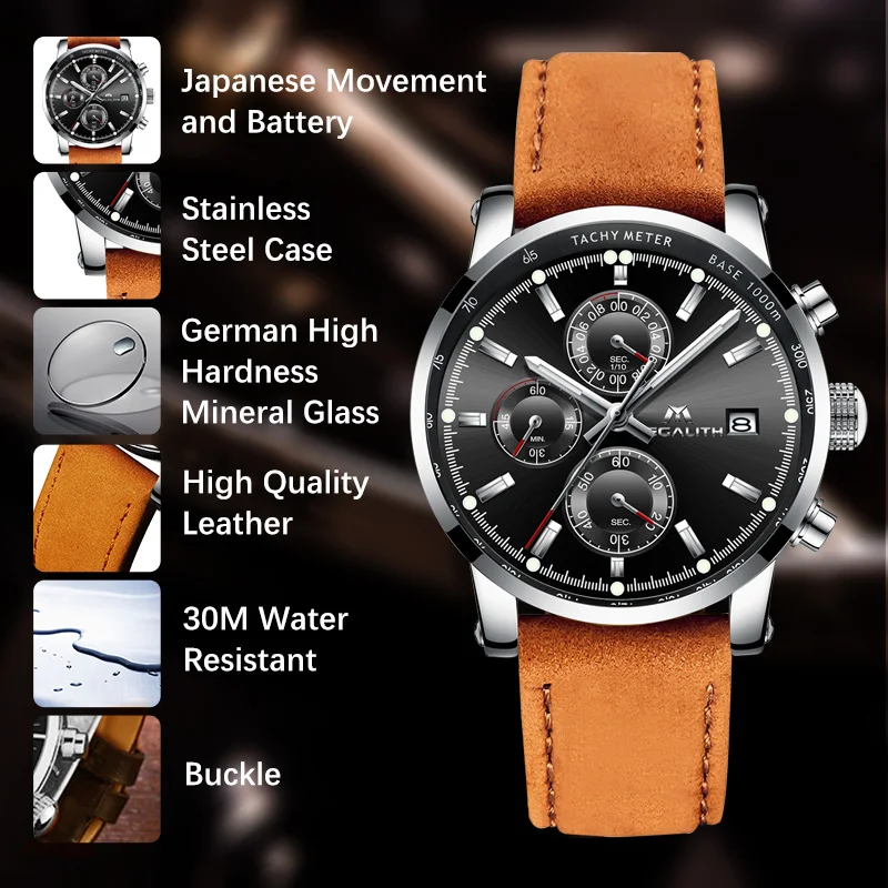 Мужские часы MEGALITH, военные спортивные водонепроницаемые наручные часы с хронографом и датой, мужские деловые кварцевые часы из коричневой кожи, мужские часы