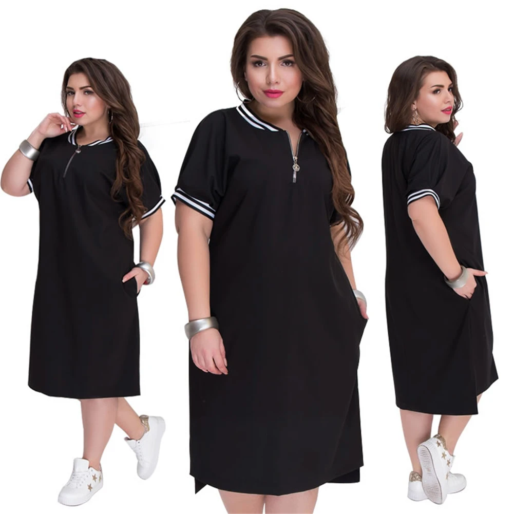 

5XL 6XL 2019 Plus Size Straight Dresses Women O-Neck With Zippers Big Size Summer Casual Loose Solid Dress Red Vestidos