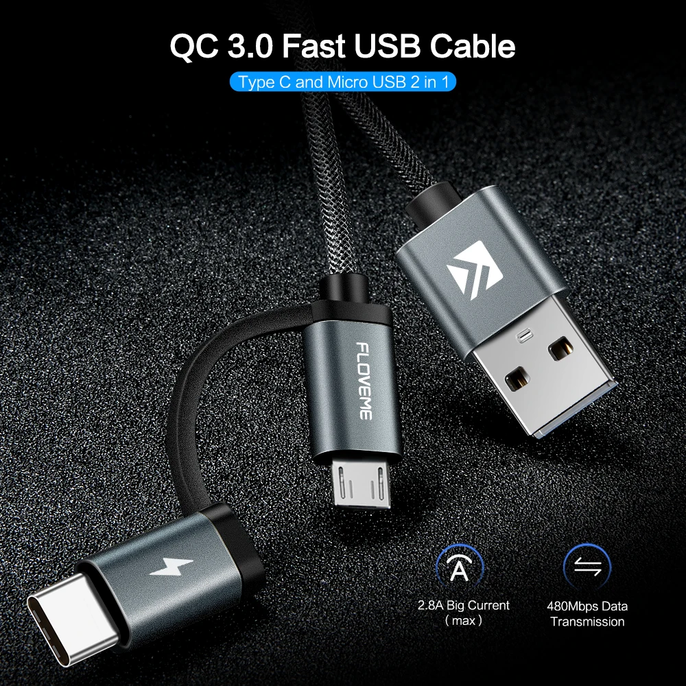Novedoso pack de QC3.0 2.8A Cable Micro USB cargador rápido de carga USB Cable de tipo C 2in1 tipo-C Cable para Samsung xiaomi Oneplus Huawei P9