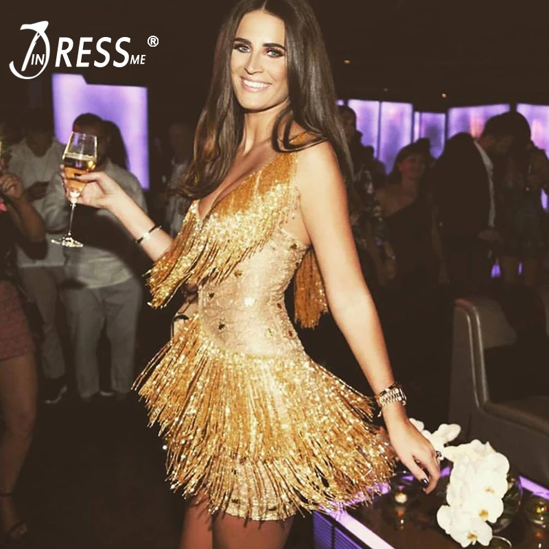 Goede INDRESSME Sexy V hals Spaghetti Strap Backless Mini Vrouwen Bandage Jurk Mode Kwastje Bodycon Lente Vrouwen Jurk Vestidos