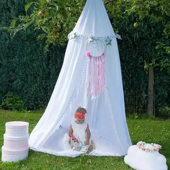 

Fuzzy Ball Cotton Canvas Dome Bed Canopy Kids Play Tent New Style Exclusive Customized Children Room Decoration