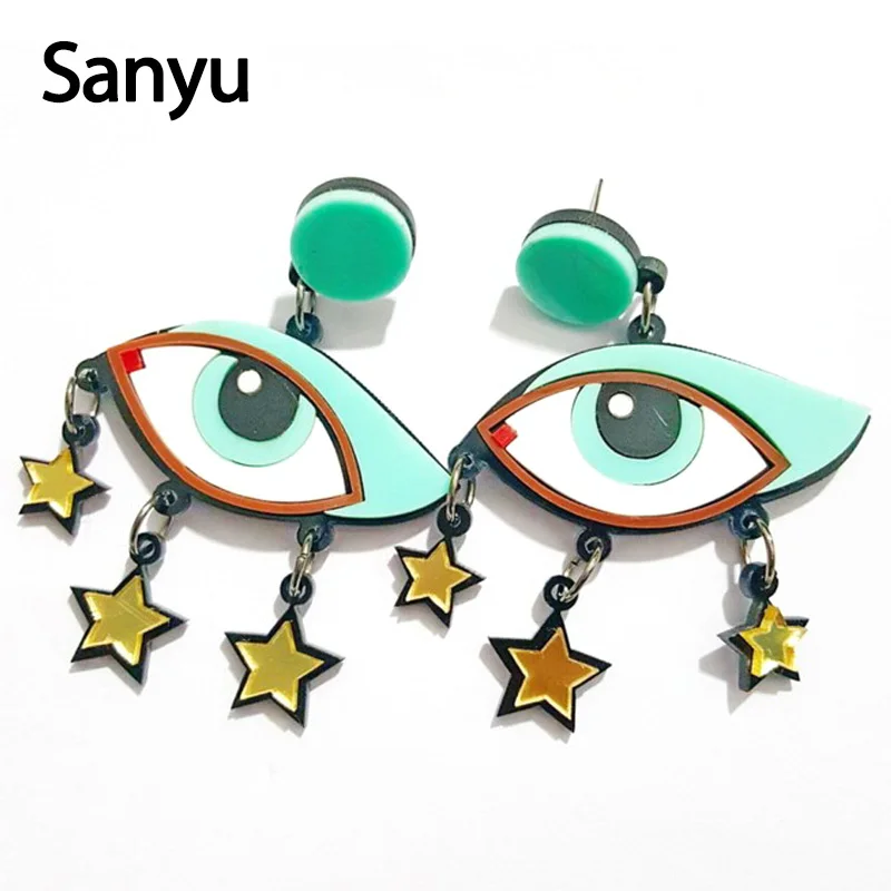 

Exaggerated Big Green Eyes Gold Stars Charms Acrylic Drop Earrings Cool Punk Fashion Dangle Earrings for Female Party Jewelry