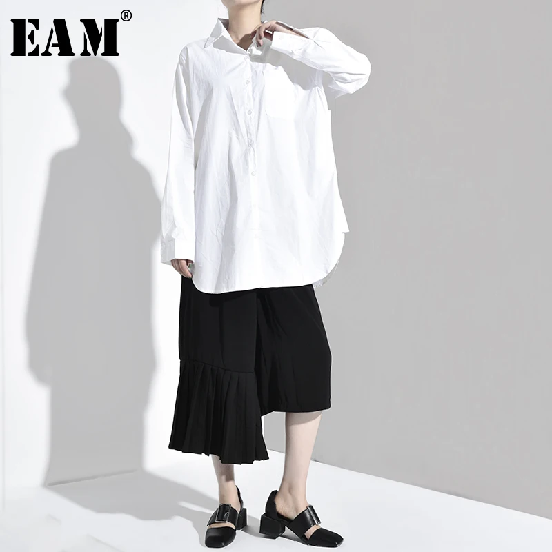 

[EAM] 2019 New Spring Autumn Lapel Long Sleeve White Loose Brief Temperament Long Big Size Shirt Women Blouse Fashion G01600