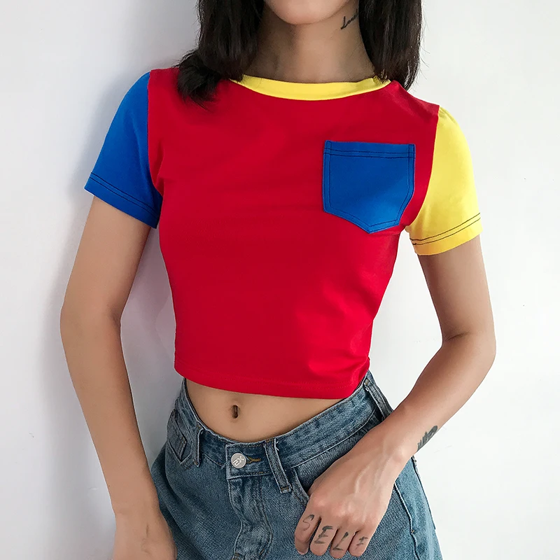 Rockmore хип-хоп Женская Лоскутная контрастная уличная футболка хлопок женский карман Круглый вырез короткий рукав укороченный Повседневный Базовый Топ