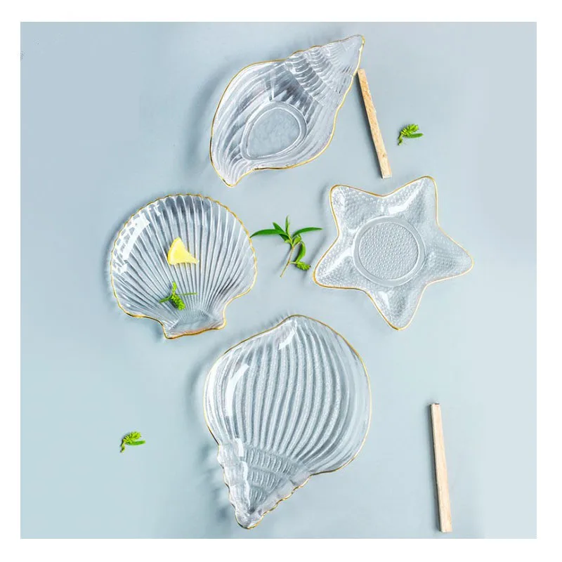 Glass Golden Ocean Conch Starfish Jewelry Dish Breakfast Steak Western Food Fruit Plates Storage Tray Decoration Crafts Gifts