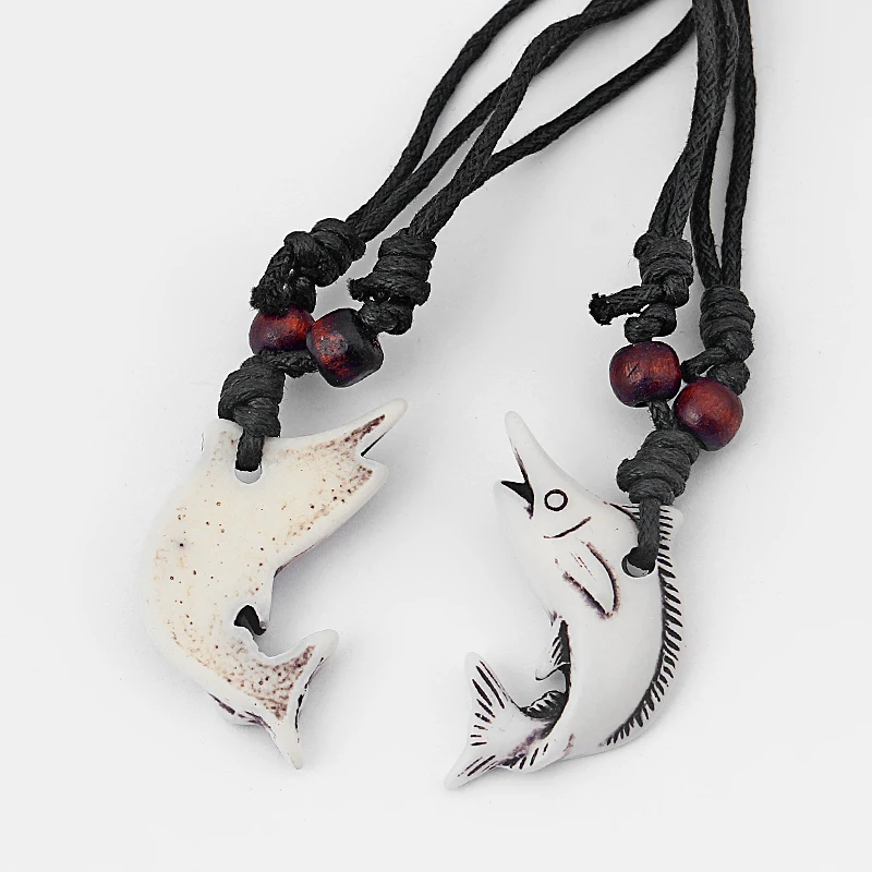 12Pcs Black Wax Cotton Cord Tribal Yak Bone Resin Carved Small Shark Fish Pattern Pendant Necklace