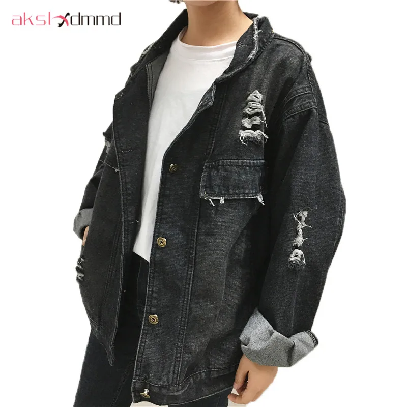

AKSLXDMMD Casual Hole Denim Jacket 2019 New Spring Autumn Long Sleeve Black Single Breasted Fashion Loose Jeans Coat Women LH947