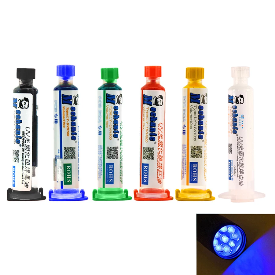 

MECHANUC 6 pcs 6 color UV Curable Solder Mask 10CC for PCB Circuit board protect Soldering Paste Flux oil + Needles+UV lamp