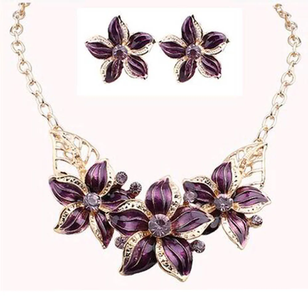 IPARAM комплект украшений ожерелье серьги женские вечерние капли масла цветок Джокер романтические красивые Удивительные ювелирные изделия подарок - Окраска металла: Purple