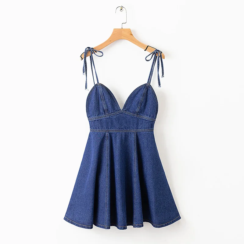 

BBWM WOMAN Sweet Street Denim Spaghetti Strap Pleated Dress Sexy Women Strapless Mini Dresses Casual Female Vestidos