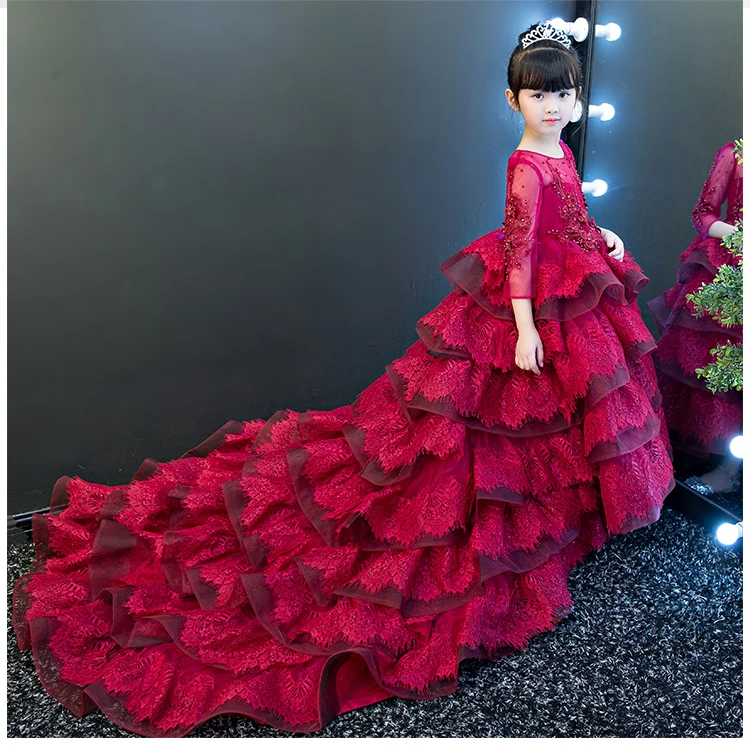 Платье принцессы для девочек с рукавом «Три четверти» подиумный костюм длинное вечернее со шлейфом для девочек роскошное детское вечернее платье F256 - Цвет: Красный