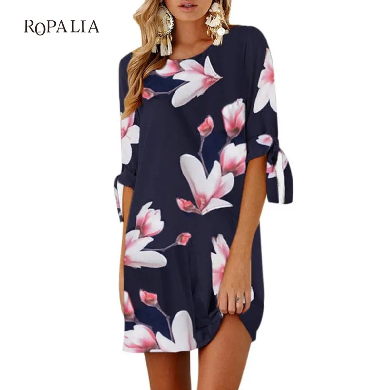 

ROPALIA Women Summer Dress Sexy Deep O Neck Half Sleeve Slit Casual Floral Print Dress Bohemian Beach Mini Dress