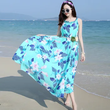 

Womens Summer Beach Dresses New Arrival Ladies Boho Dress Sleeveless Blue Halter Neck Floral Print Vintage A Line Dress