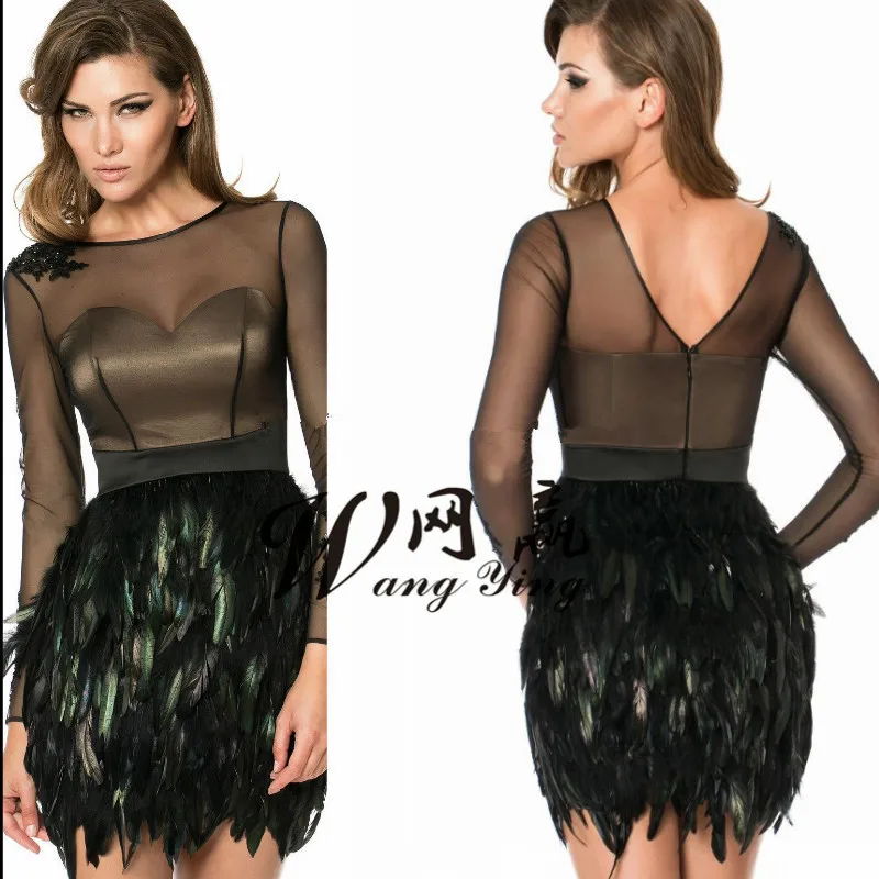 Long Sleeves Feather Elegant Evening Celebrity Black Cocktail Dress