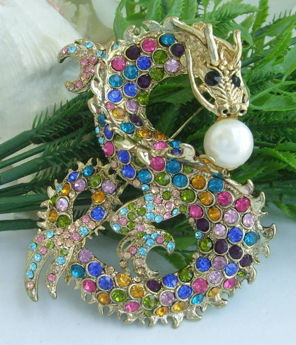 HelenaJewelry 3.54" Gold tone Multicolor Rhinestone Crystal Dragon