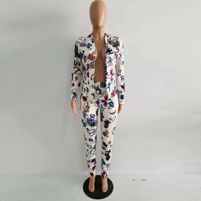 YJSFG HOUSE Elegant Women Business Suits Casual Ladies Autumn Office Work Suits 2017 Blazer And Trousers Print Two Piece Set