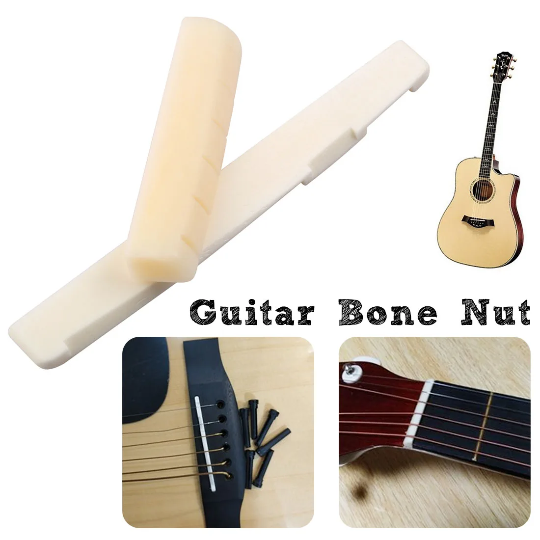 1 Set of 2pcs 6 String Acoustic Guitar Bone Bridge Saddle and Nut Made