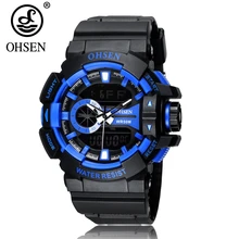 Лучшие продажи Ohsen цифровой бренд кварцевые мужские наручные часы 50 м погружение резиновый ремешок Синий Модный популярный ЖК-Спорт мужские военные часы подарок