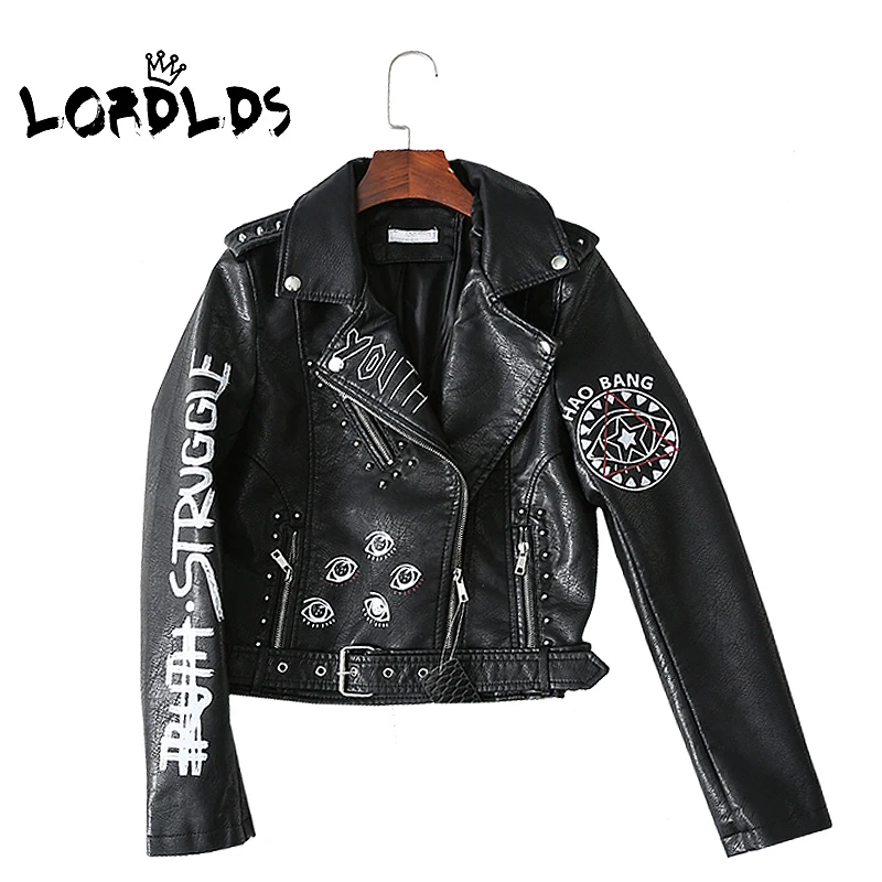 

LORDLDS Black Graffiti Leather Jacket Women 2019 New Spring Punk Moto Coat Cropped Faux Jackets with belt