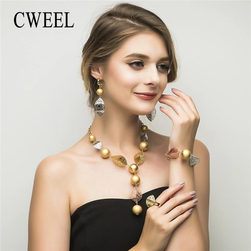 

CWEEL Indian Dubai African Beads Jewelry Set Rose Gold Color Luxury Ethiopian Costume Statement Jewelry Sets for Brides