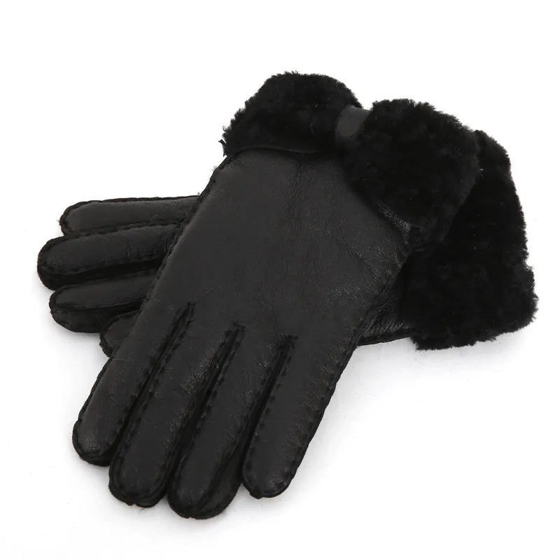Зимние перчатки для женщин, дизайнер, тяжелый тип, натуральная кожа, шерсть, меховые перчатки, милые девушки, овчина, кожа, очень теплые зимние варежки - Цвет: Black