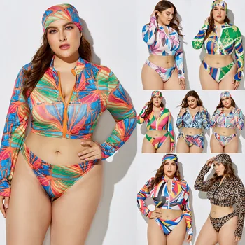 

Women Plus Size Bathing Suit Long Sleeve Colorful Print Top+ Scarf+Shorts Suits Summer Beach Outfits 3 Piece Tracksuit