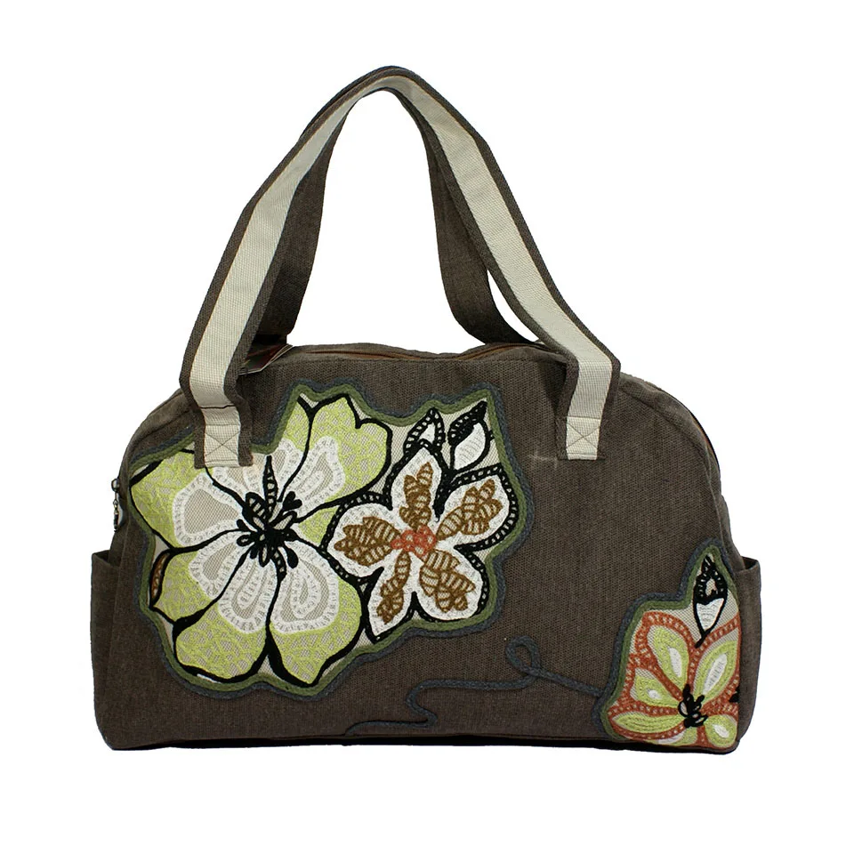 

big size cotton fabric casual tote, embroidery flower women handbag and single shoulder bag for lady