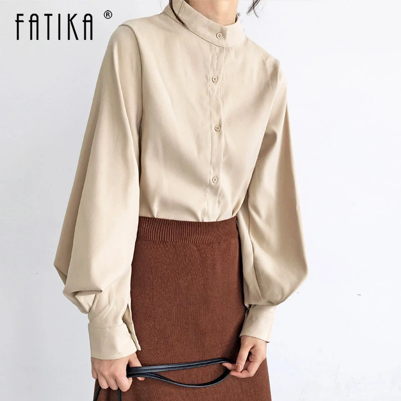 

Fatika 2019 Spring Autumn New Elegant Solid Blouses Stand Collar Loose Lantern Sleeve Casual Soft Tops Womens Clothing