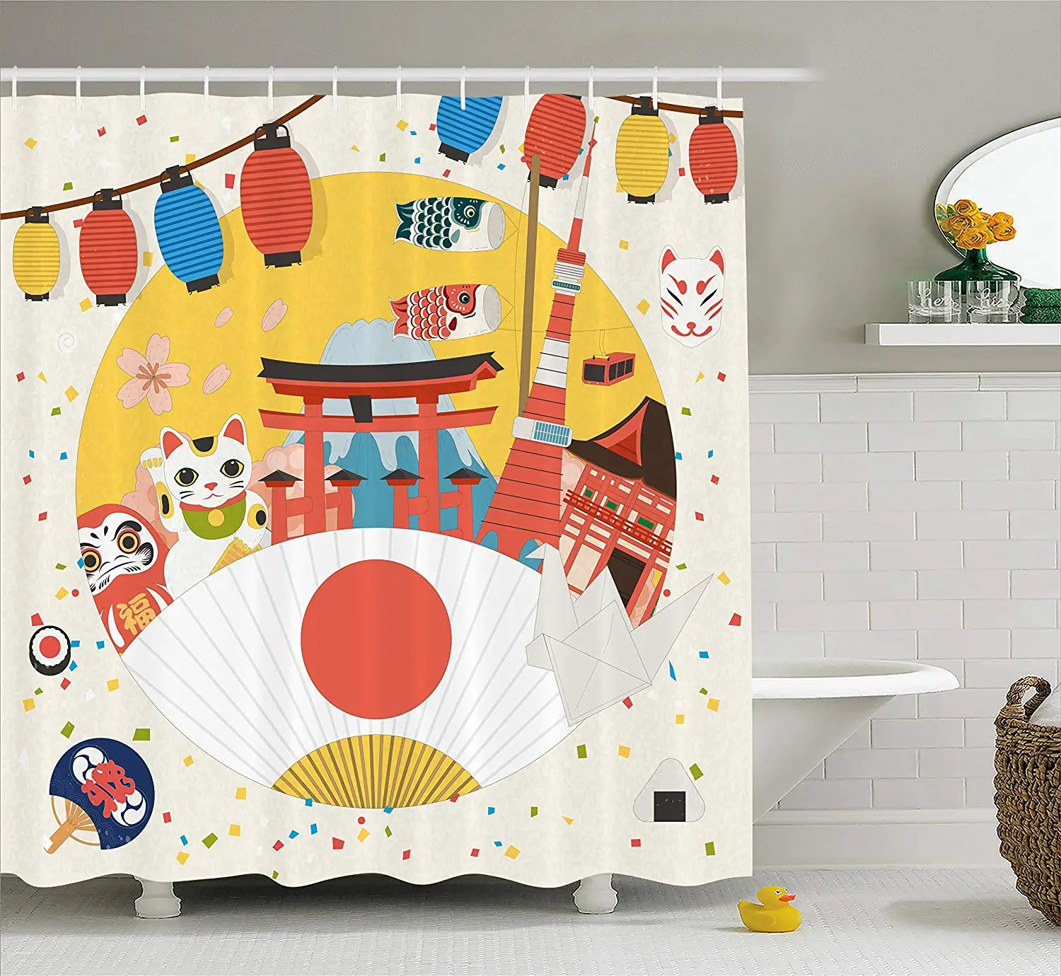 Lantern Shower Curtain, Japanese Inspired Commercial Pattern Various