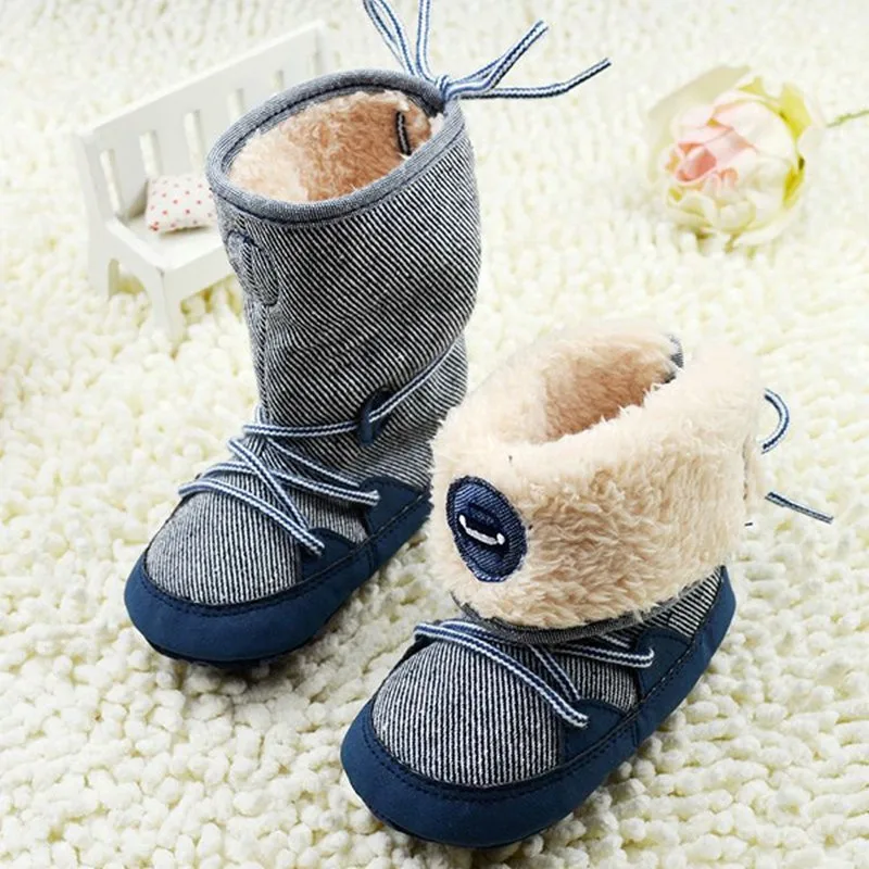 Newborn Toddler Baby Boy Girl Winter Warm Fur Snow Boots Stripes Soft Sole Booties First Walkers
