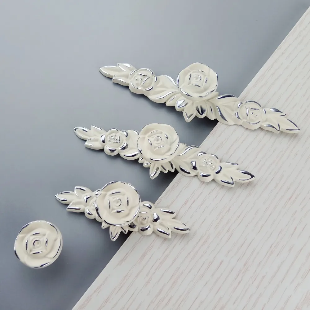 

European Lvory White Rose Flower Furniture Handle Kitchen Cabinets Sliding Door Drawer Knobs Wardrobe Cupboard Push Pull Handles