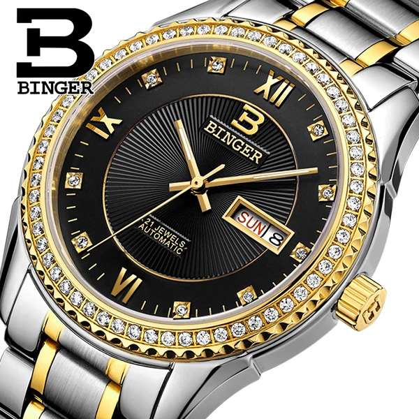 Швейцарские часы мужские роскошные Брендовые Часы Бингер алмаз механические мужские наручные часы полностью из нержавеющей стали водонепроницаемые B1112B