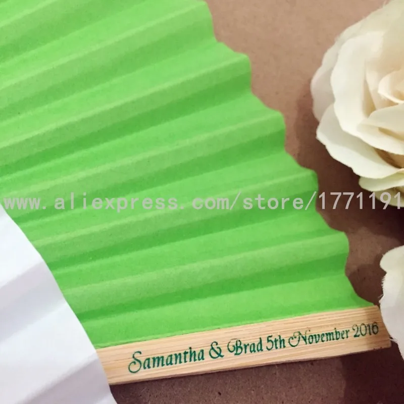 50 шт./лот индивидуальный свадебный подарок ручной вентилятор красочные бумажные вееры с 15 цветов доступны в белые мешочки из органзы