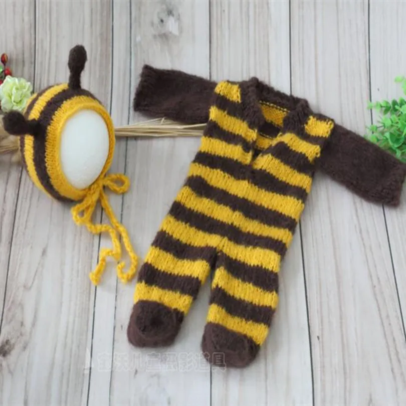 

Hot Sale Mohair Baby Hat and Pants Baby Clothing Set Newborn Mohair Bee Hat Animal Bonnet Footed Romper hotography Props